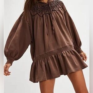 Free People Brown Smocked Yoke Long Sleeve Mini Dress